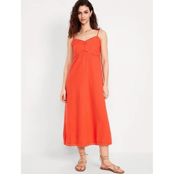 GAP Dresses & Skirts - Gap L Linen Blend Orange Eyelet Trim Maxi Slip Dress Coastal Cottage Vacation